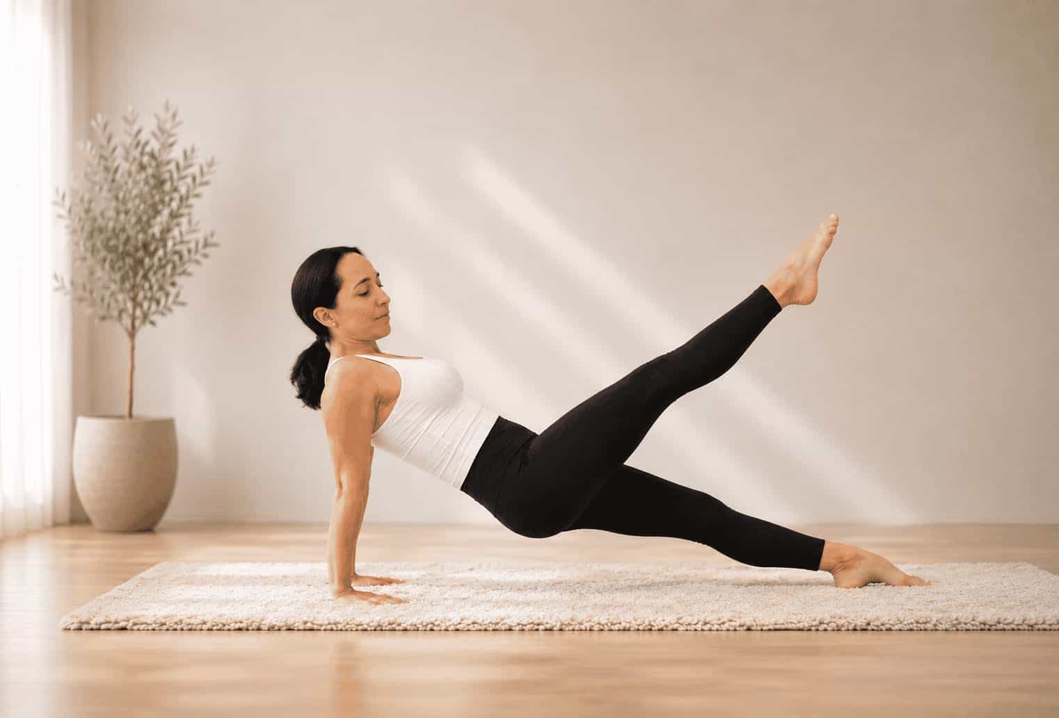 Manuela Meusel, Pilates-Trainerin in Germering, bei einer Pilates-&Uuml;bung (Leg Pull Front)